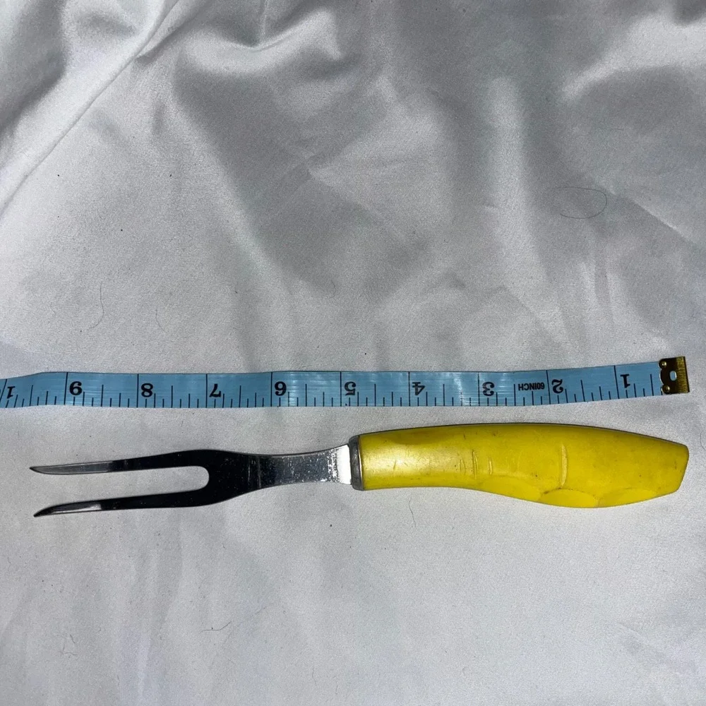 Vintage | Stainless USA |‎ Carving Fork | Plastic Yellow Handle Kitchen | FLAW